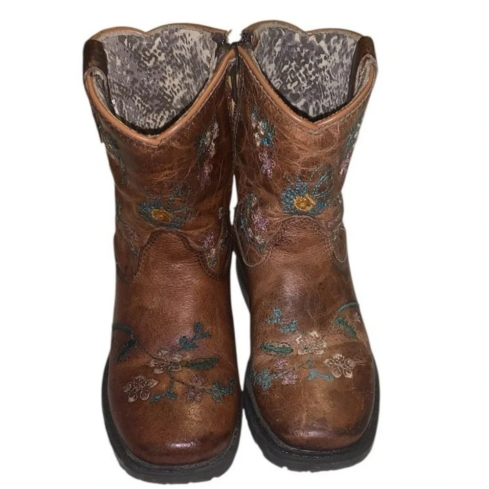 Shyanne Cowboy Boots‎ Kids 8 D Brown Leather Floral Embroidered 43833 T Boho